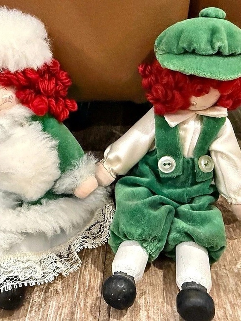Vintage Holiday Wooden Doll Pair Green & Red